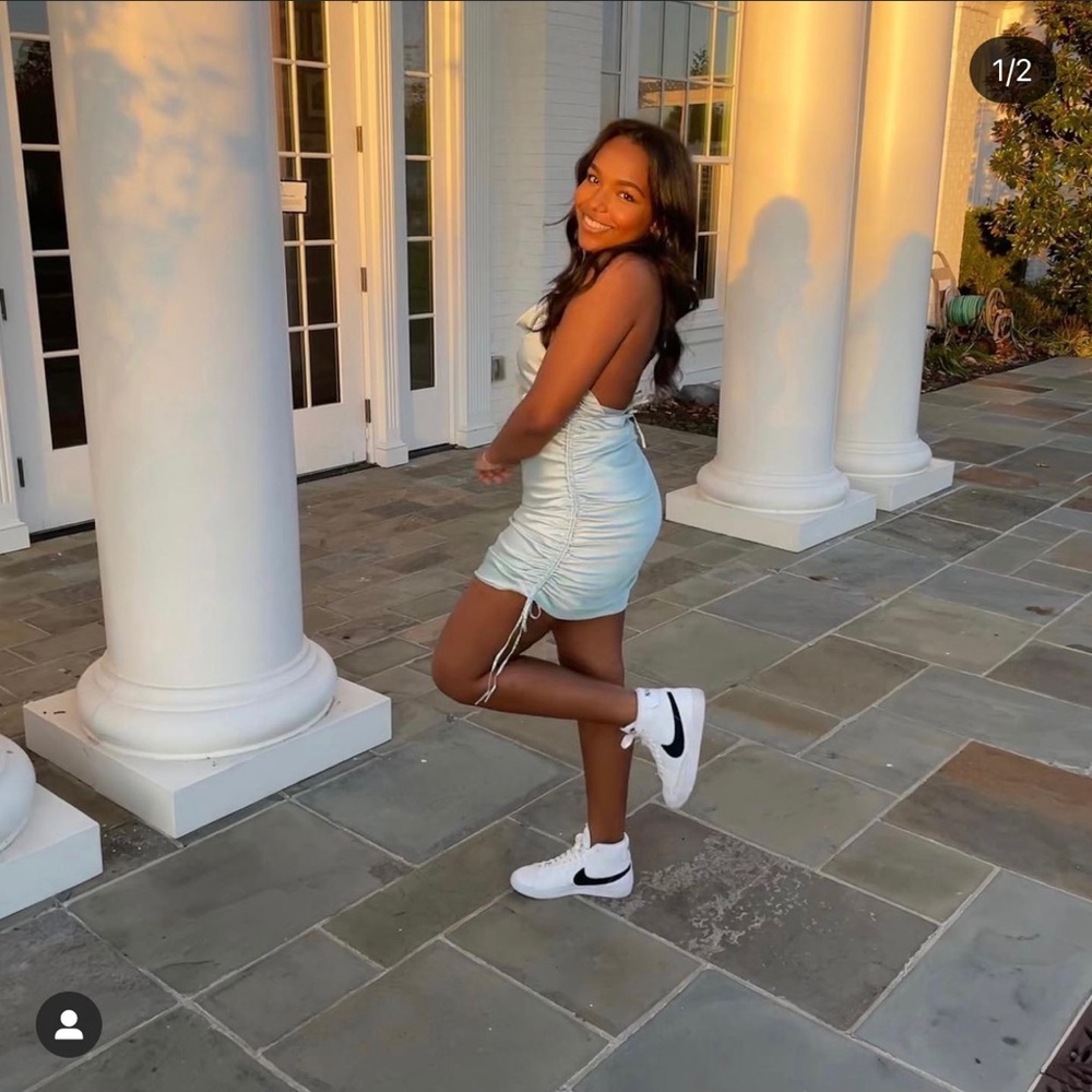 Cinderella blue satin rouche homecoming dress